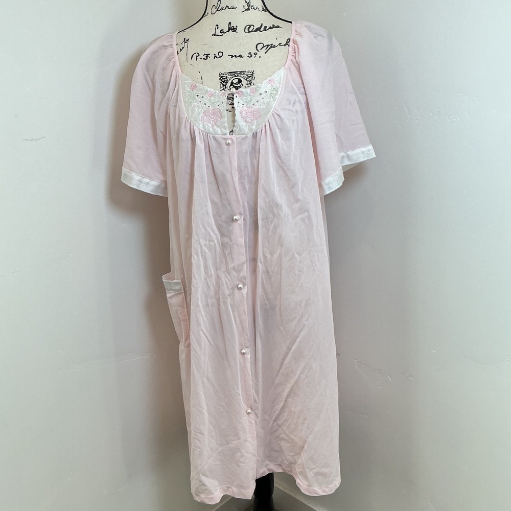 Kelly Reed Pink Nylon Lace Trim Button Front Nightgown Robe Loungewear L